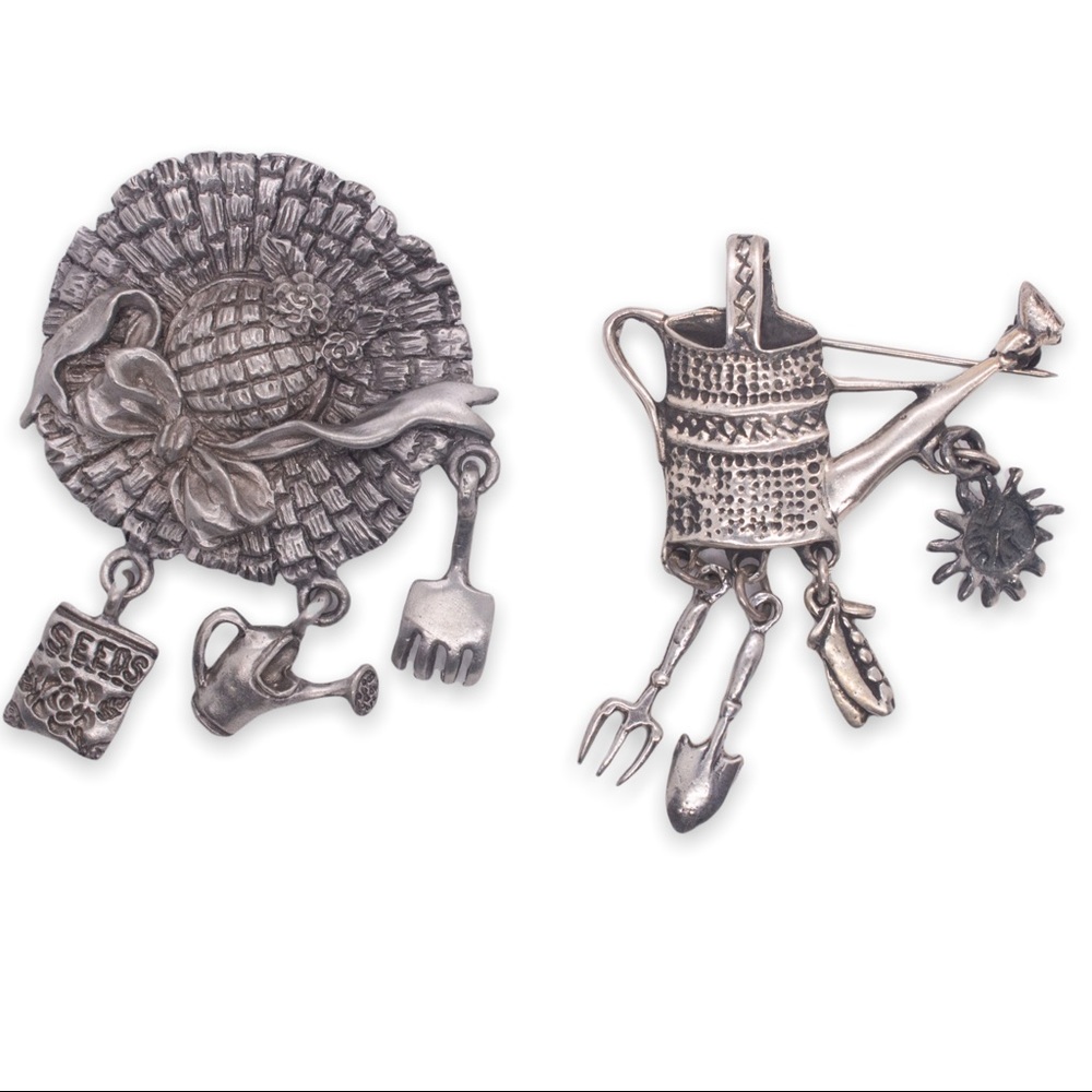 Vintage Spoontiques Gardening Hat Brooch Silver & Watering Can Brooch Silver Lot